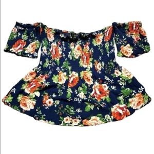 SWS Boho Floral Off The Shoulder Blouse Cropped Navy Blue Ruffled Short Sleeves
